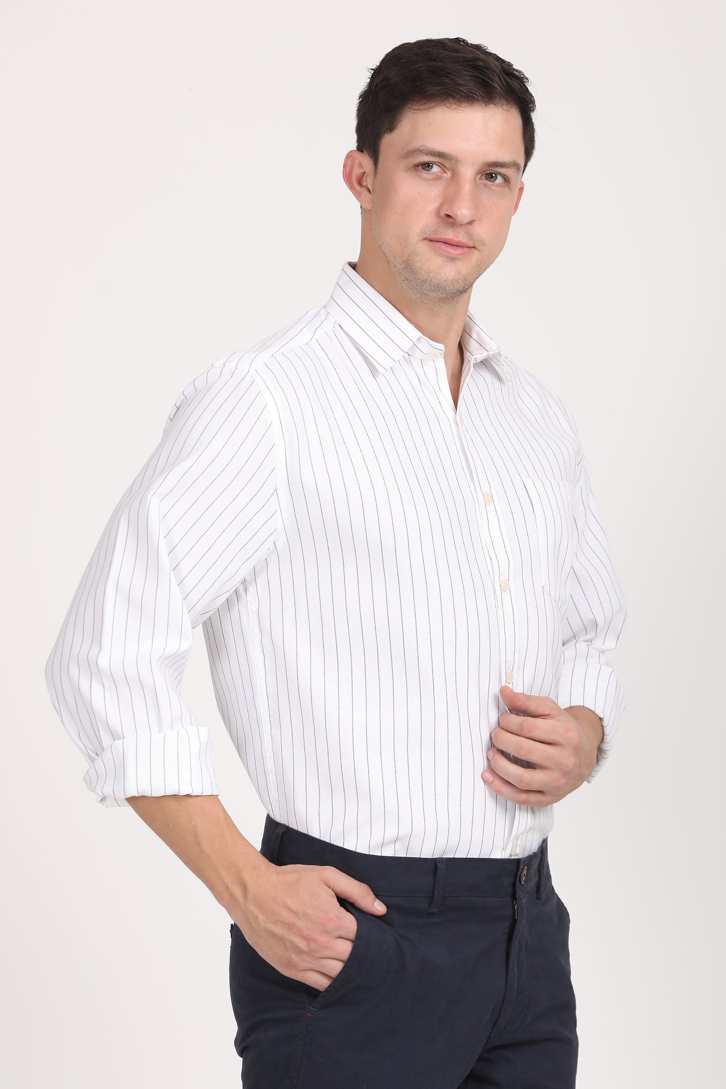 Copperline Men White Stripes Formal Shirt