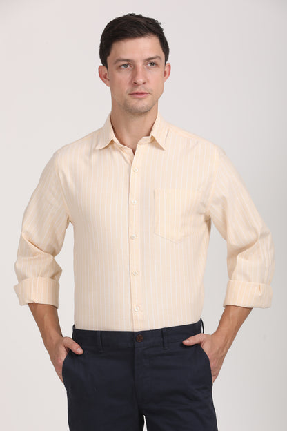 Copperline Men Beige Stripes Formal Shirt