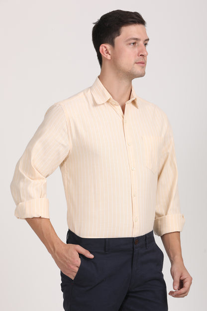 Copperline Men Beige Stripes Formal Shirt