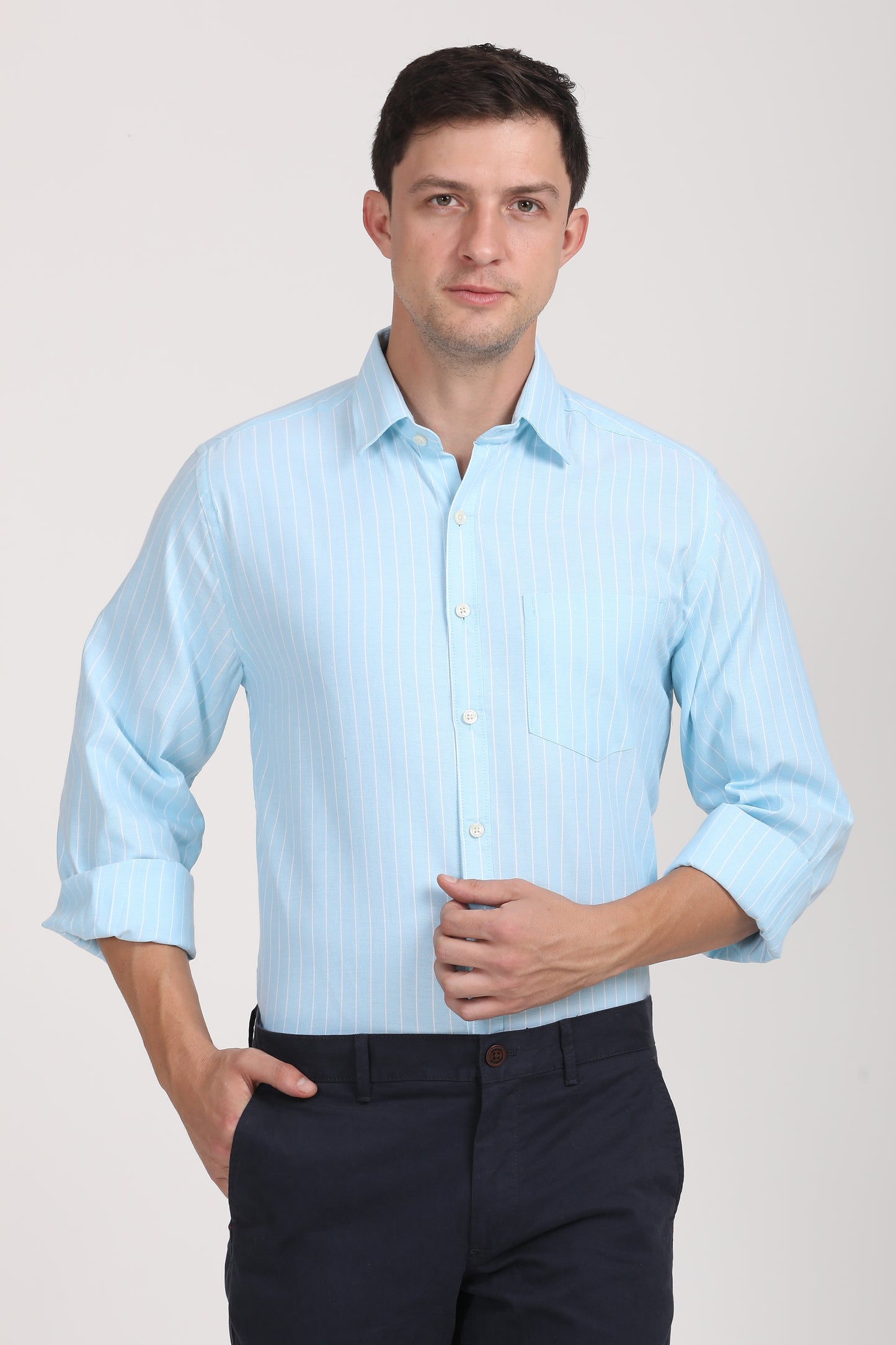 Copperline Men Light Blue Stripes Formal Shirt