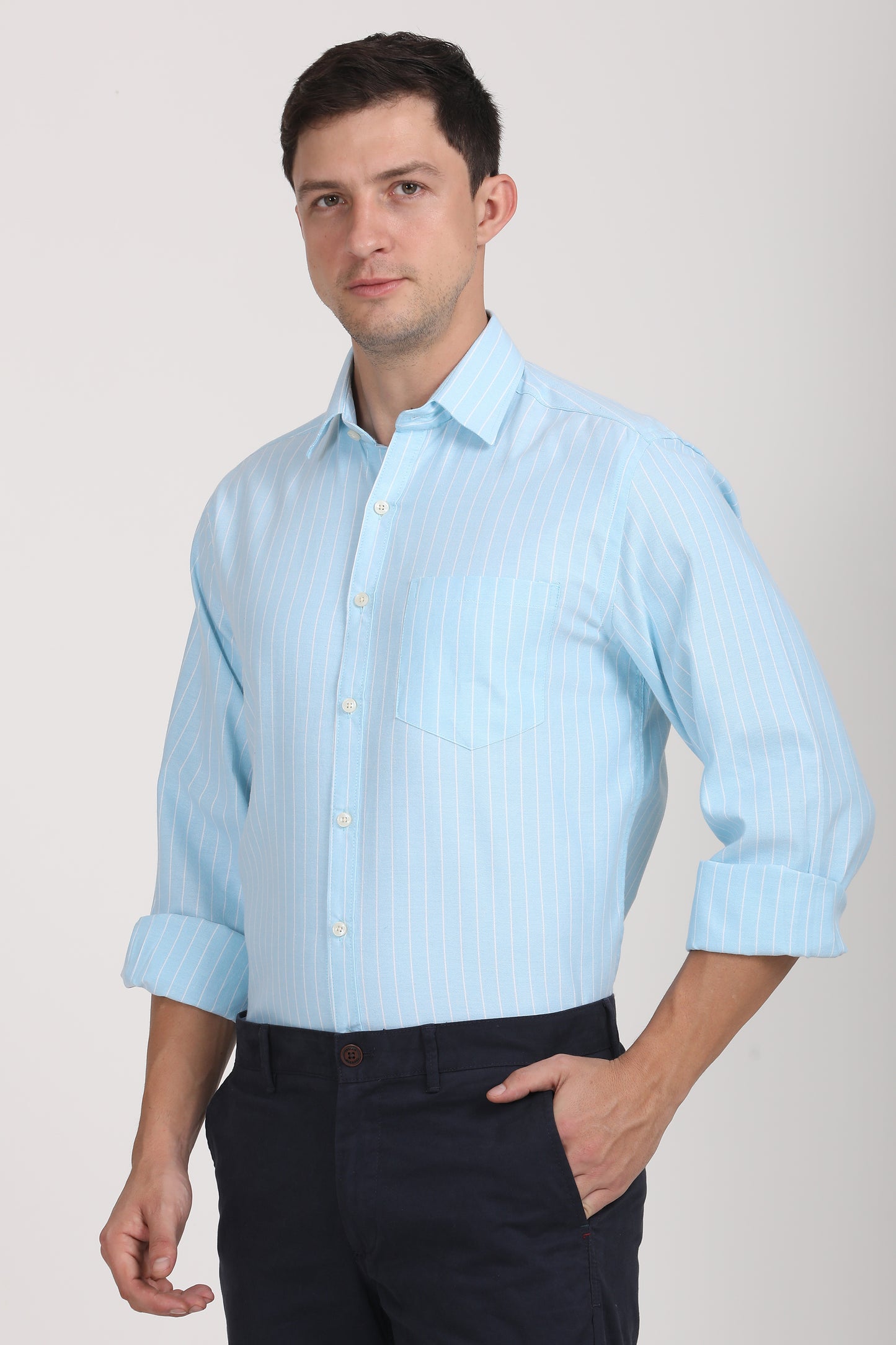 Copperline Men Light Blue Stripes Formal Shirt