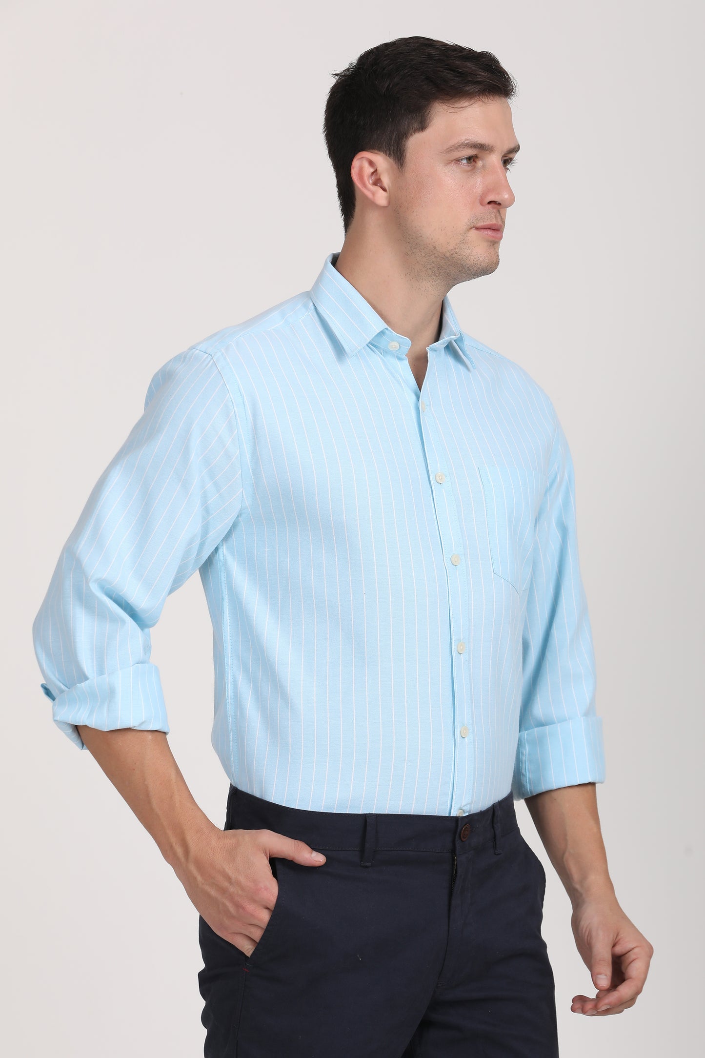 Copperline Men Light Blue Stripes Formal Shirt