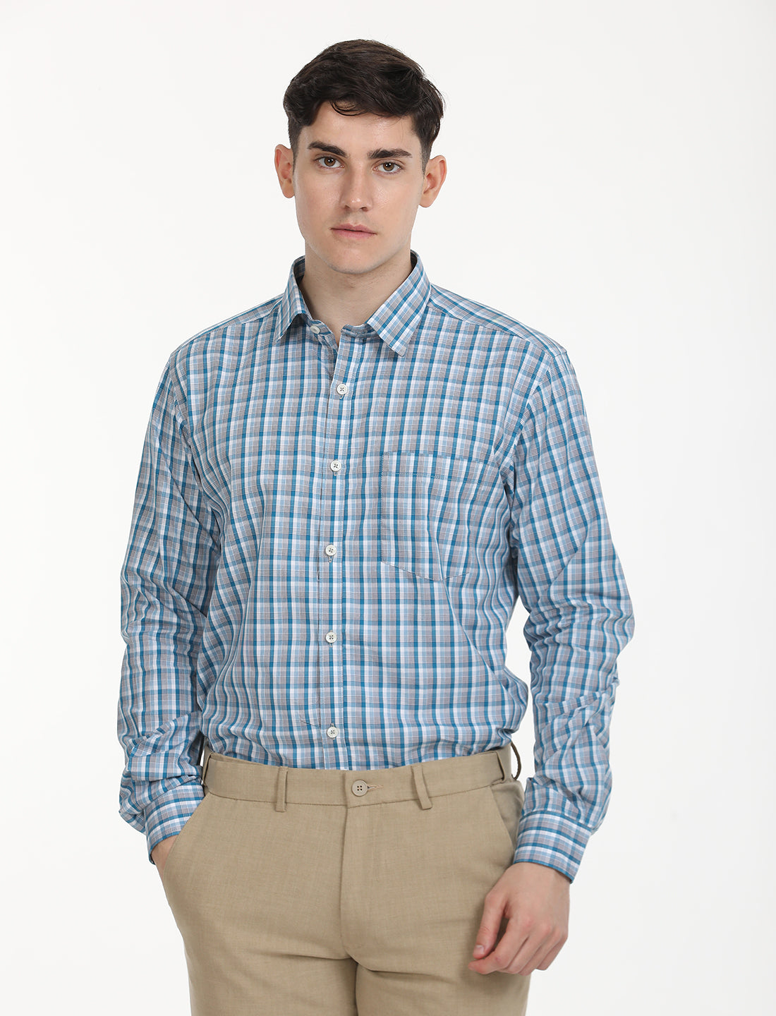 Copperline Men Blue Checks Formal Shirt