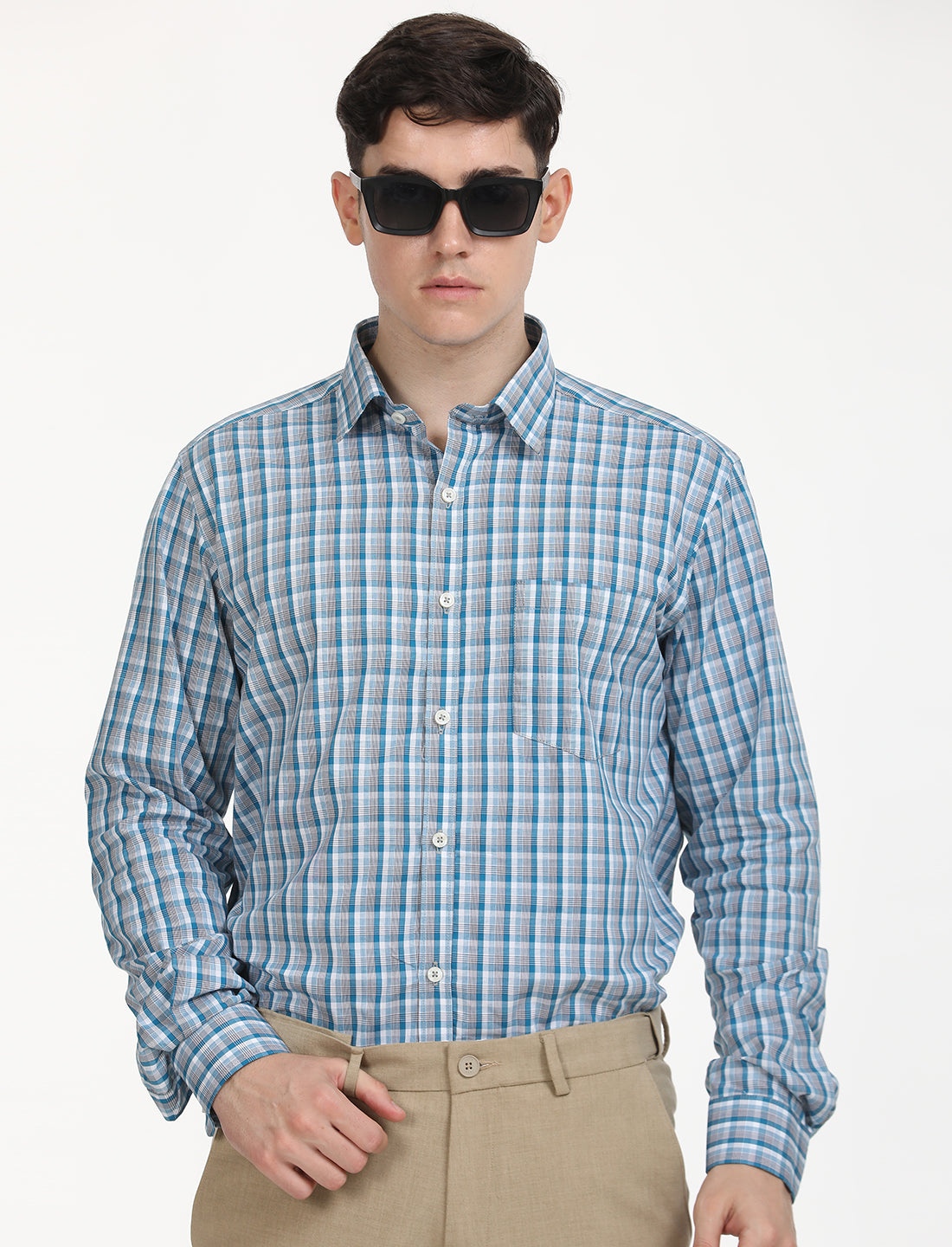 Copperline Men Blue Checks Formal Shirt