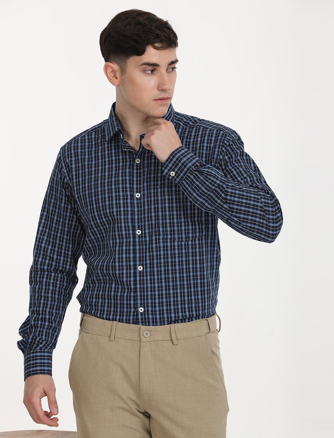 Copperline Men Navy Blue Checks Formal Shirt