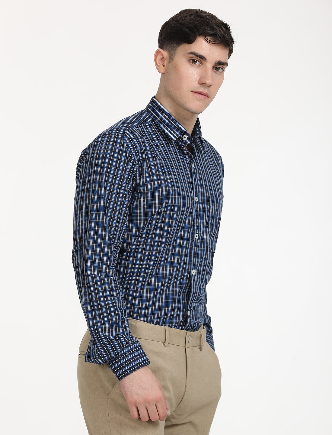 Copperline Men Navy Blue Checks Formal Shirt