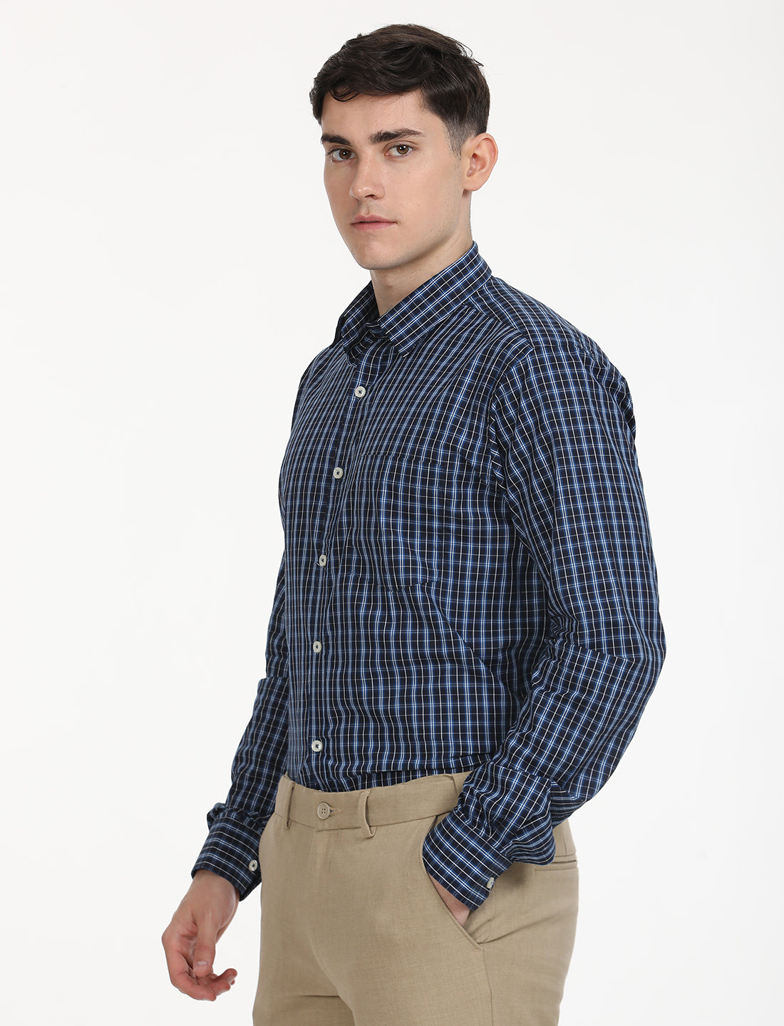 Copperline Men Navy Blue Checks Formal Shirt