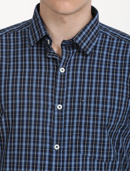 Copperline Men Navy Blue Checks Formal Shirt