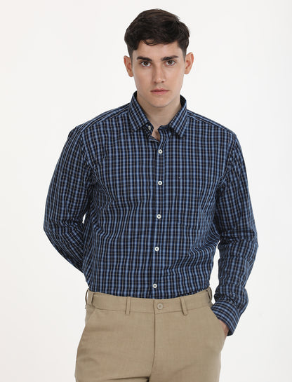 Copperline Men Navy Blue Checks Formal Shirt