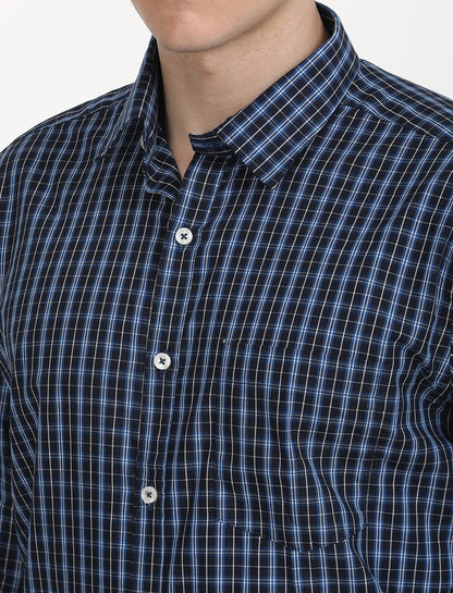 Copperline Men Navy Blue Checks Formal Shirt