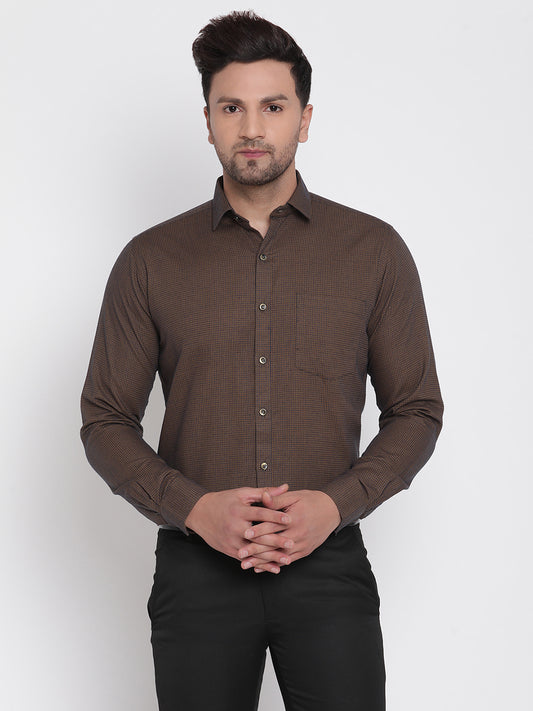 Men Brown Dobby Checked Formal Shirt Copperline