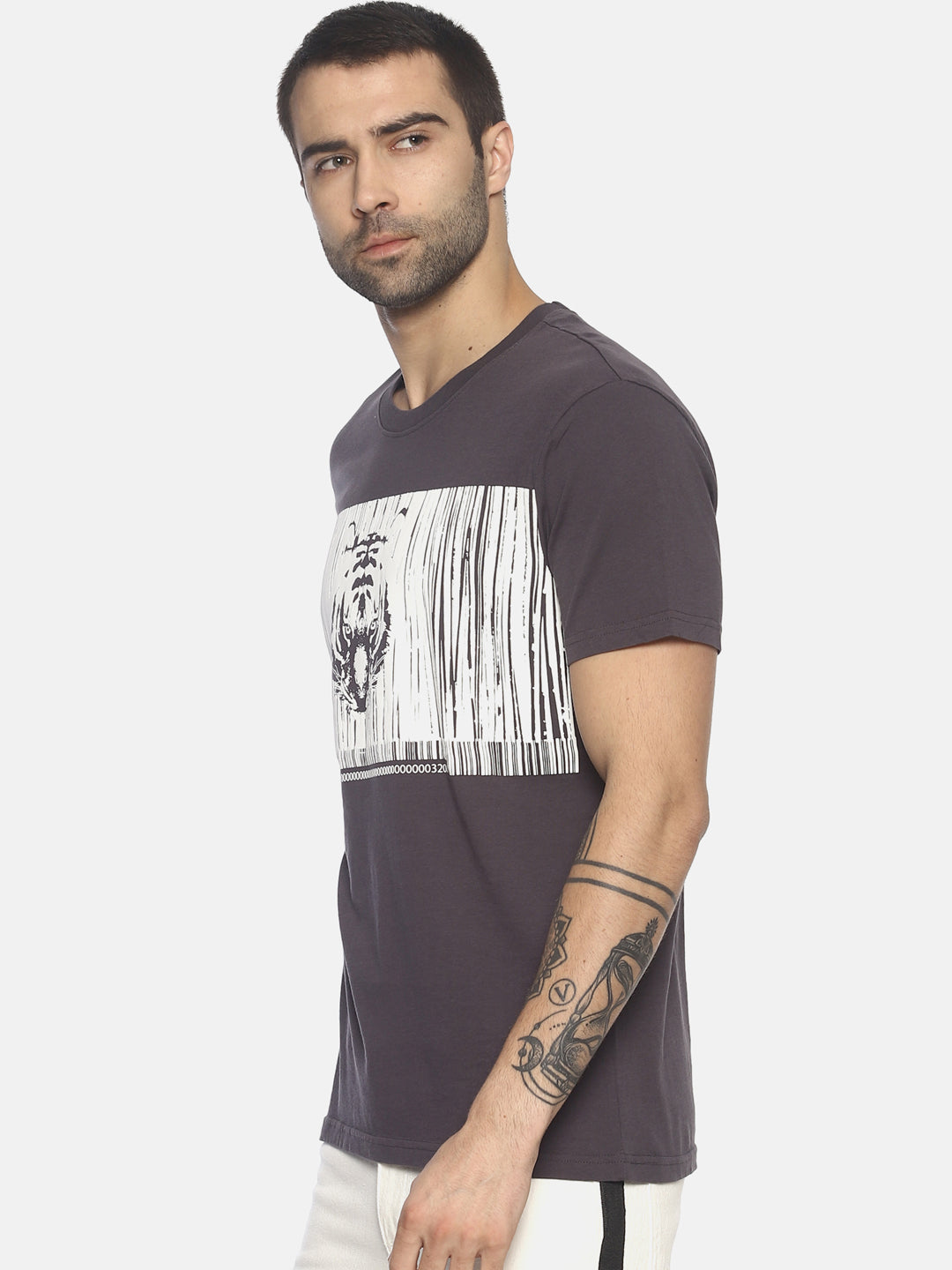 Wolfpack Round Neck Barcode Tiger Printed Grey T-Shirt Wolfpack