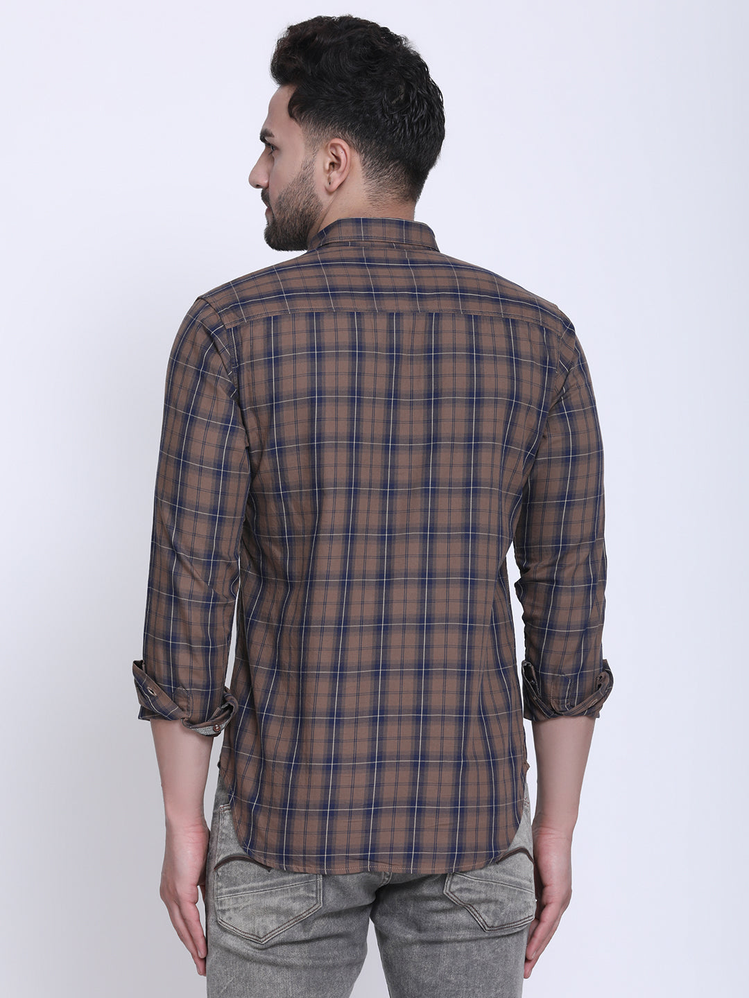 Crosscreek Men Brown & Navy Blue Slim Fit Checked Casual Shirt Crosscreek