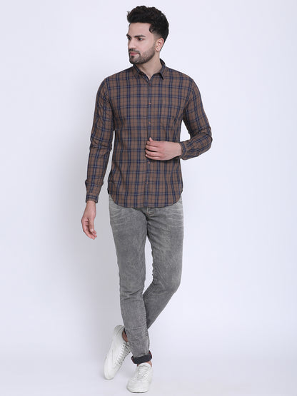 Crosscreek Men Brown & Navy Blue Slim Fit Checked Casual Shirt Crosscreek