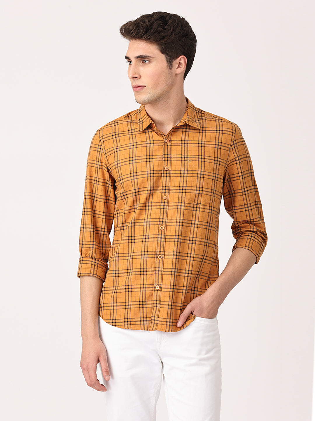 Crosscreek Men Mustard Slim Fit Checked Cotton Casual Shirt Crosscreek