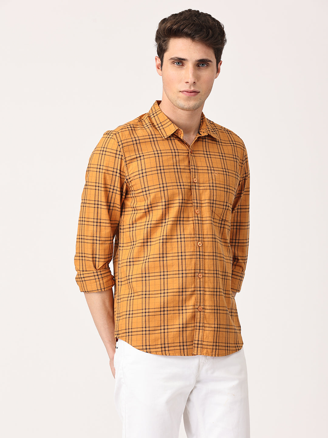 Crosscreek Men Mustard Slim Fit Checked Cotton Casual Shirt Crosscreek