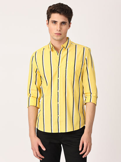 Crosscreek Men Yellow Slim Fit Striped Cotton Casual Shirt Crosscreek