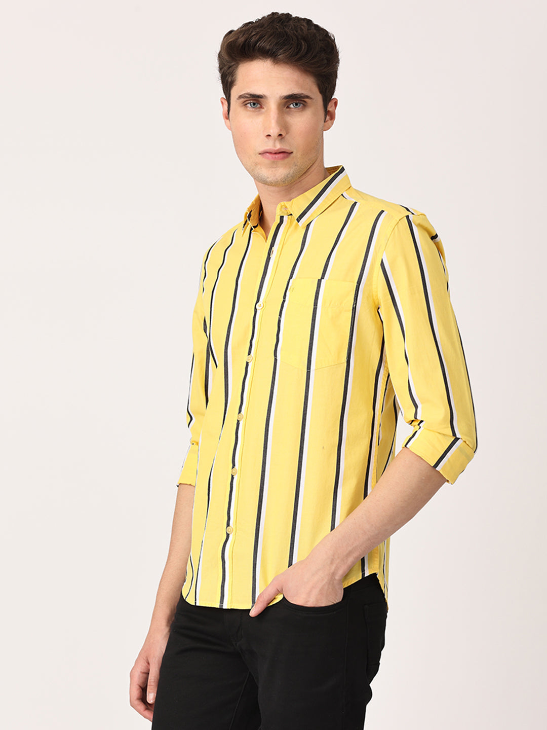 Crosscreek Men Yellow Slim Fit Striped Cotton Casual Shirt Crosscreek