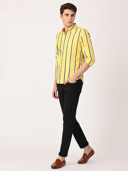 Crosscreek Men Yellow Slim Fit Striped Cotton Casual Shirt Crosscreek