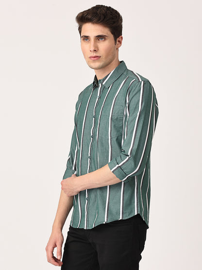 Crosscreek Men Green Slim Fit Striped Cotton Casual Shirt