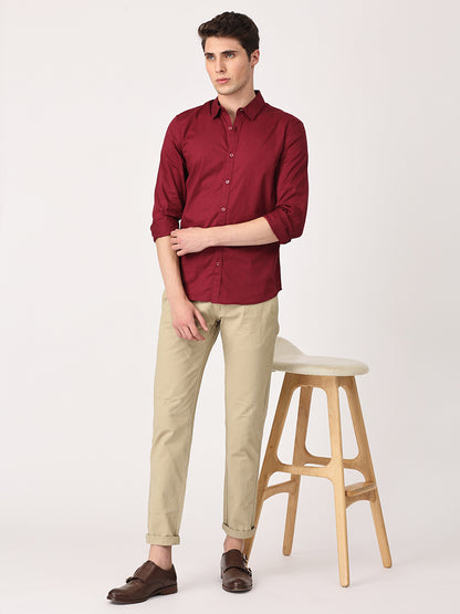 Crosscreek Men Maroon Slim Fit Solid Stretch Cotton Lycra Casual Shirt Crosscreek