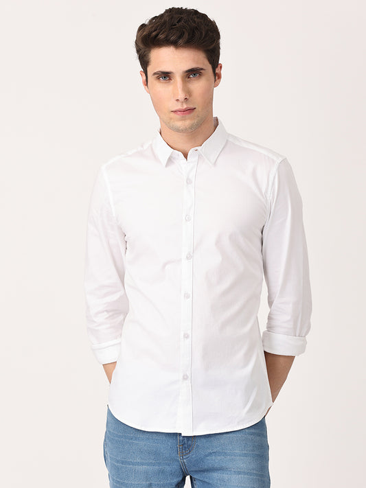 Crosscreek Men White Slim Fit Solid Stretch Cotton Lycra Casual Shirt