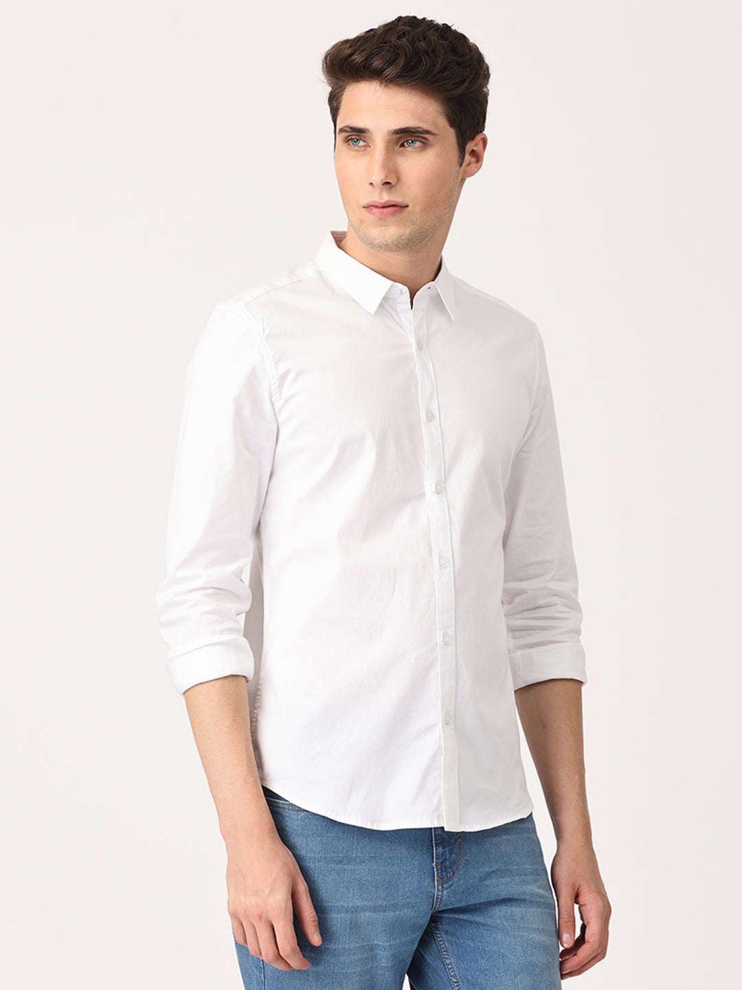 Crosscreek Men White Slim Fit Solid Stretch Cotton Lycra Casual Shirt