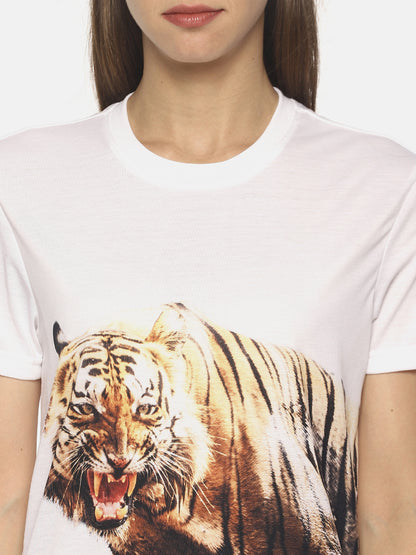 Wolfpack Women White Shivaji The Tiger Printed T-Shirt Wolfpack