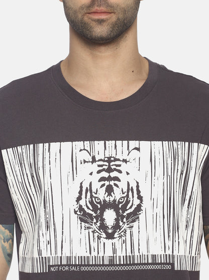 Wolfpack Round Neck Barcode Tiger Printed Grey T-Shirt Wolfpack