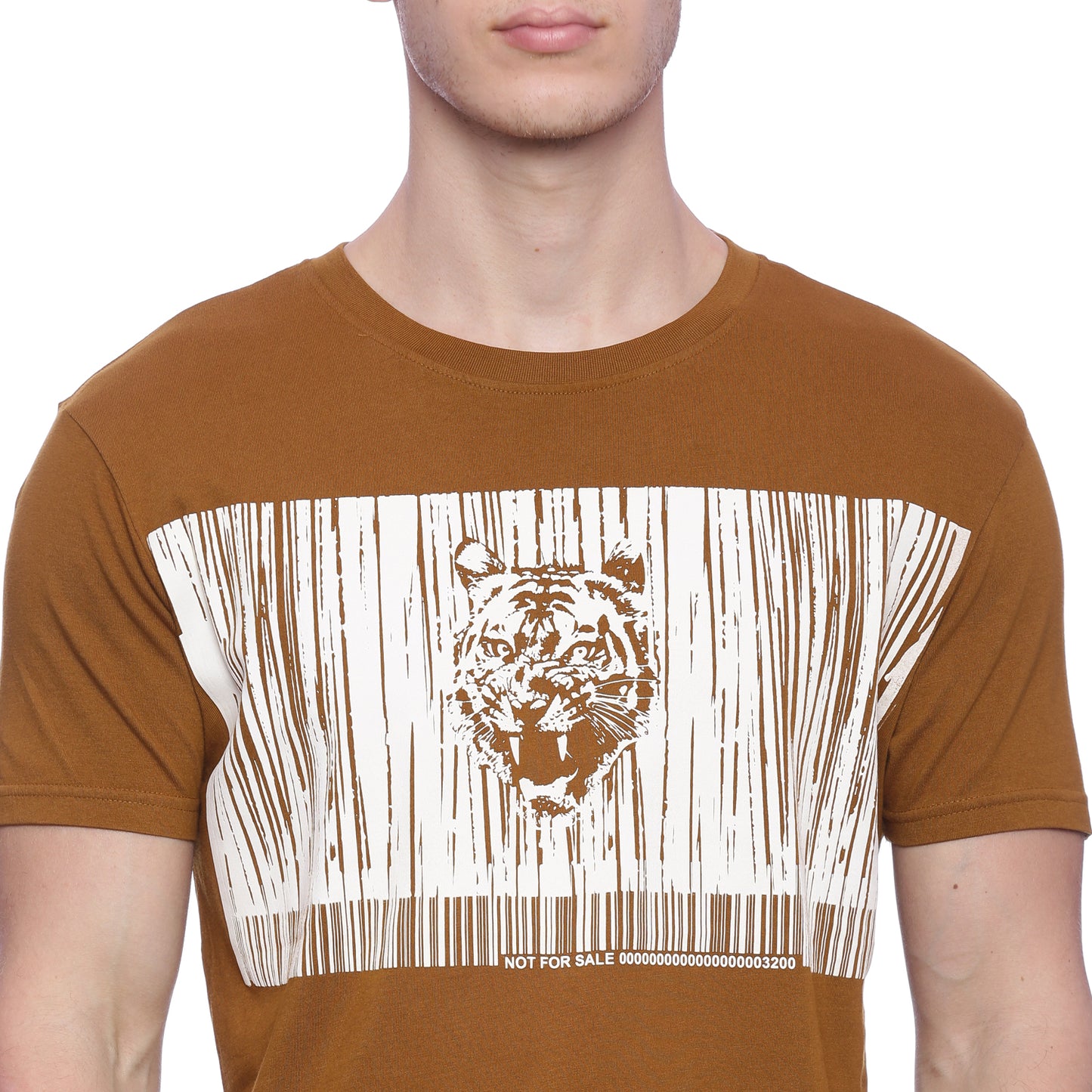 Wolfpack Round Neck Barcode Tiger Printed Brown T-Shirt Wolfpack