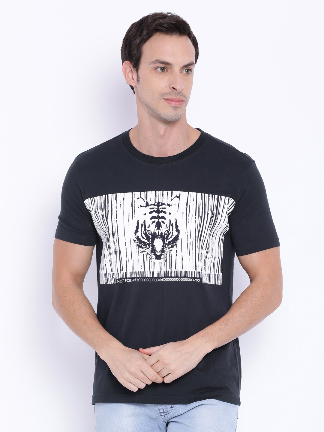 Wolfpack Round Neck Barcode Tiger Printed Navy Blue T-Shirt Wolfpack