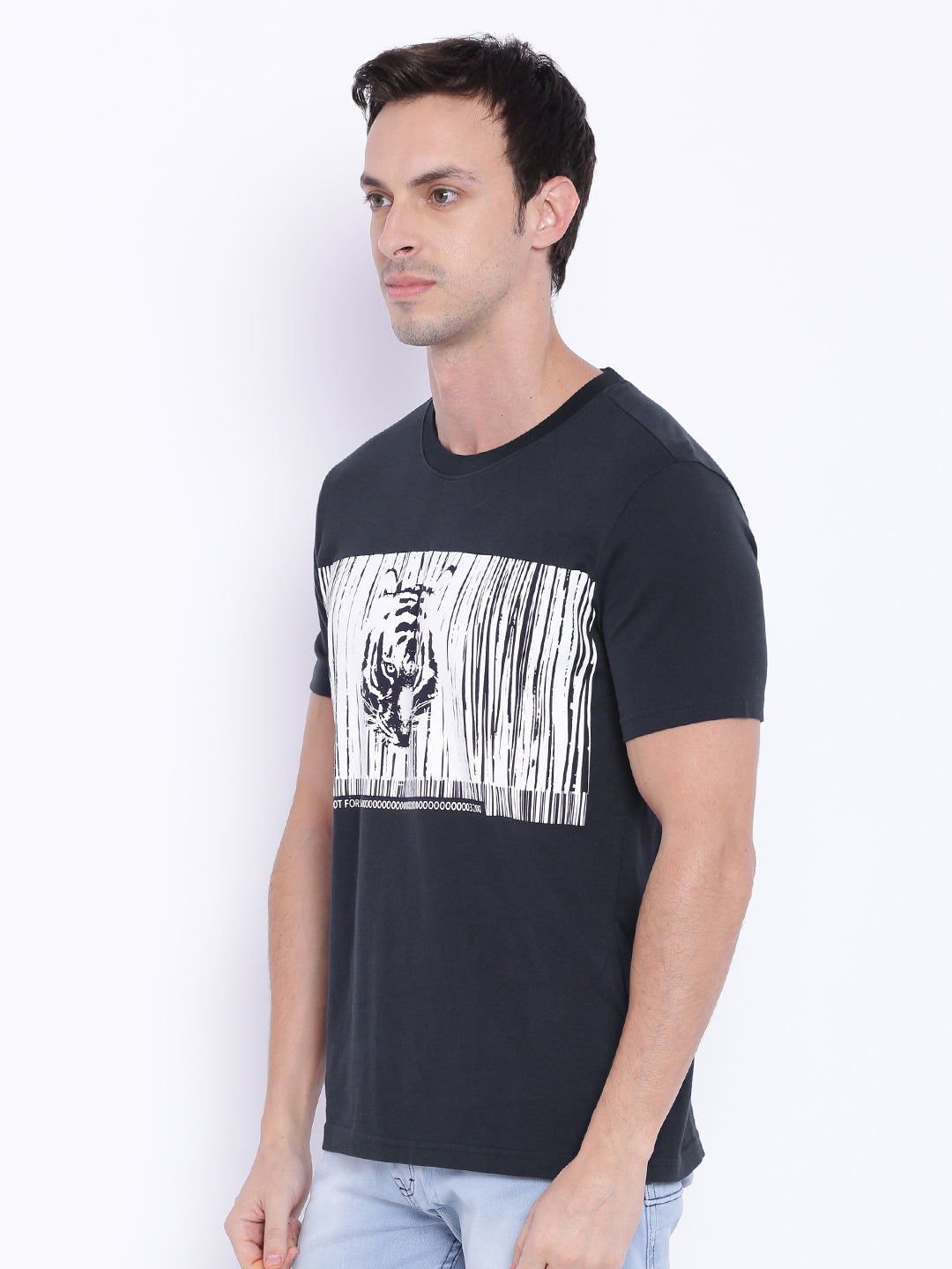 Wolfpack Round Neck Barcode Tiger Printed Navy Blue T-Shirt Wolfpack
