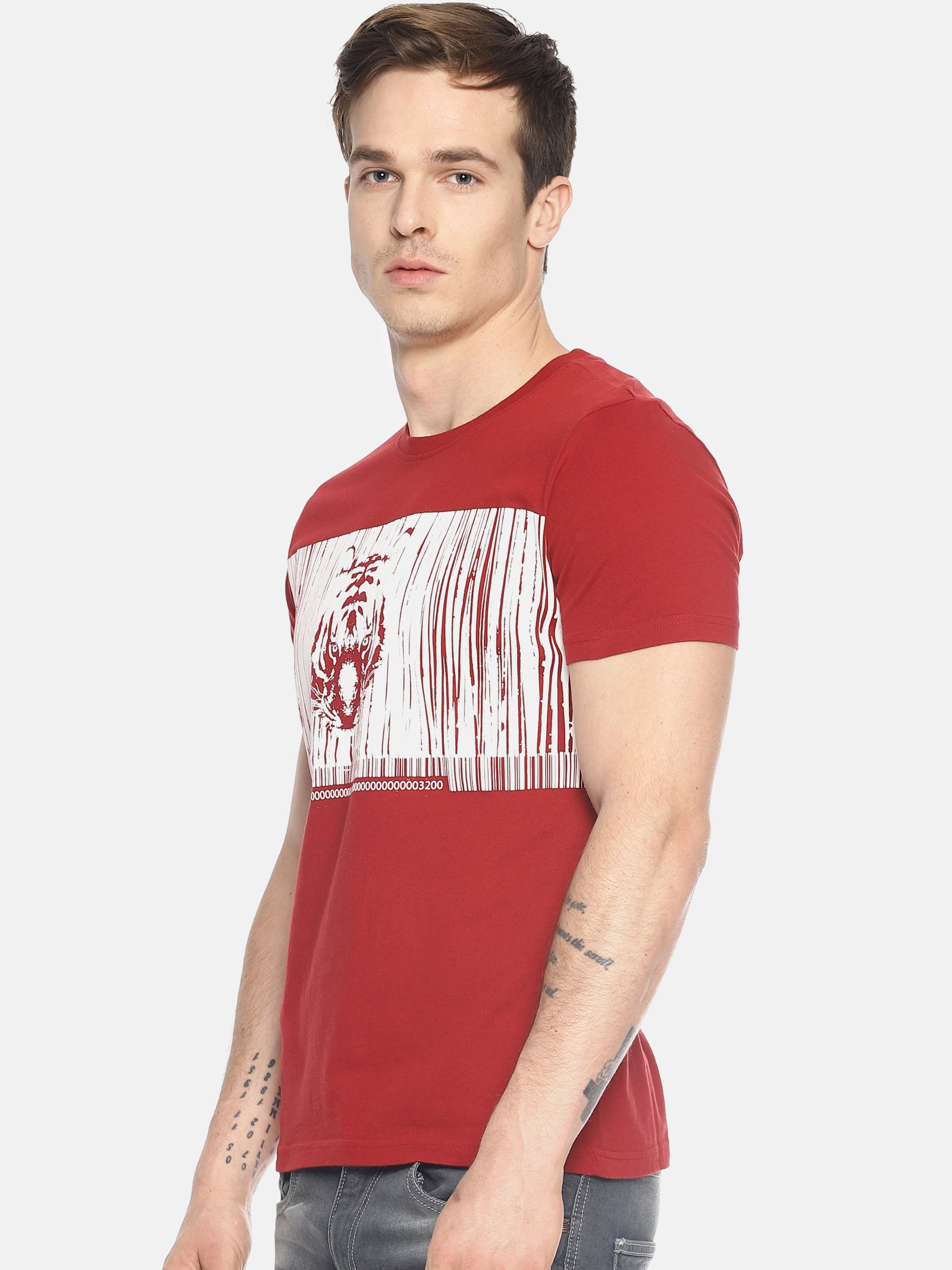 Wolfpack Round Neck Barcode Tiger Printed Red T-Shirt Wolfpack