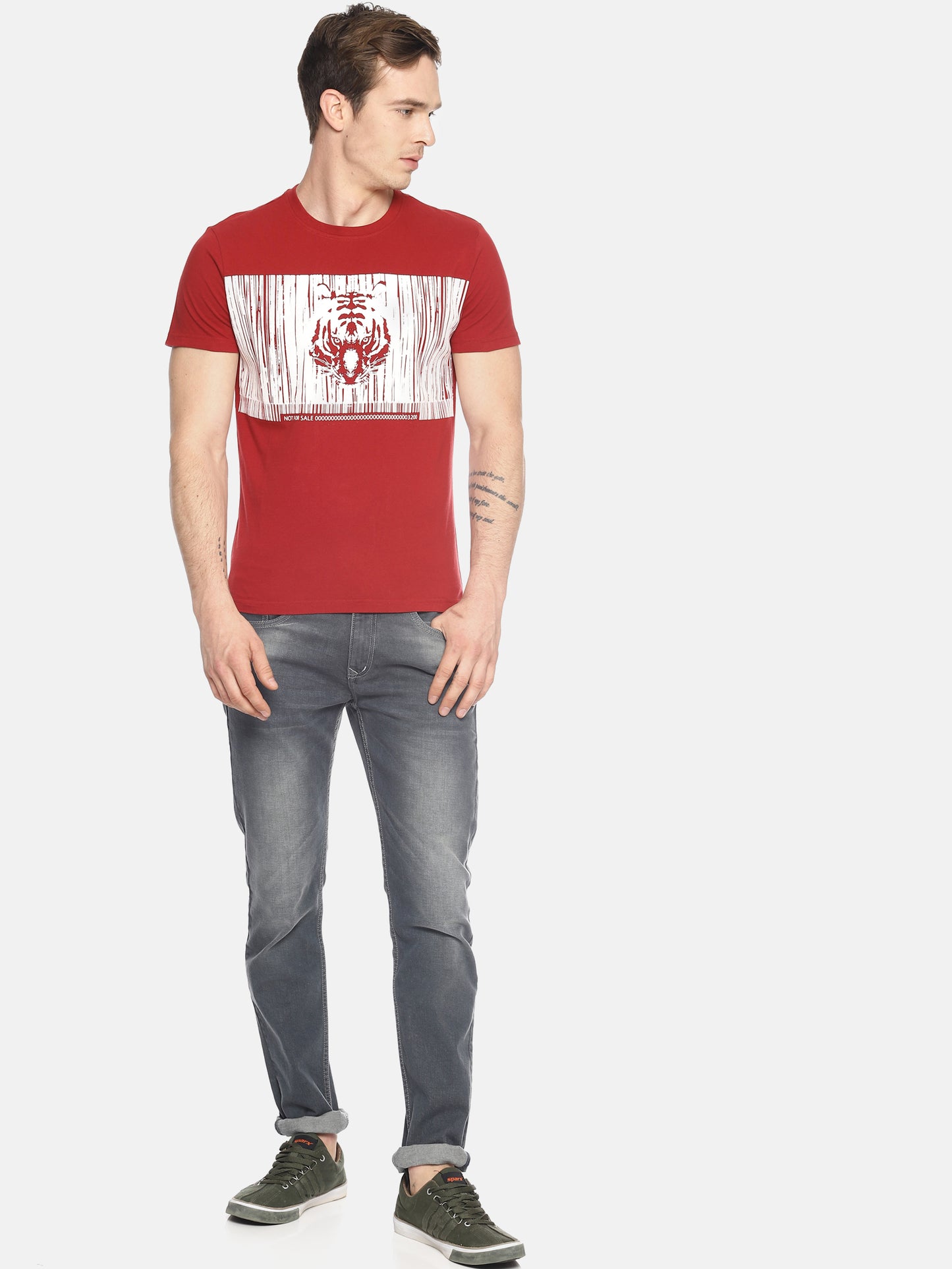 Wolfpack Round Neck Barcode Tiger Printed Red T-Shirt Wolfpack