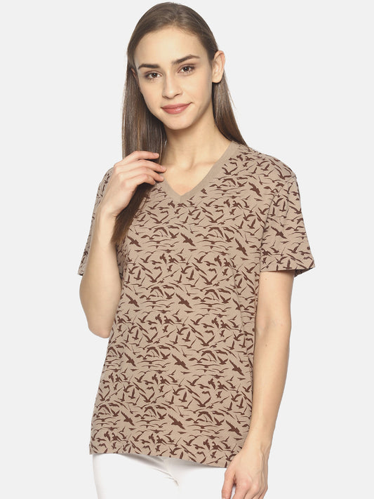 Wolfpack Women Beige Printed T-Shirt Wolfpack