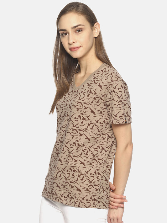 Wolfpack Women Beige Printed T-Shirt Wolfpack