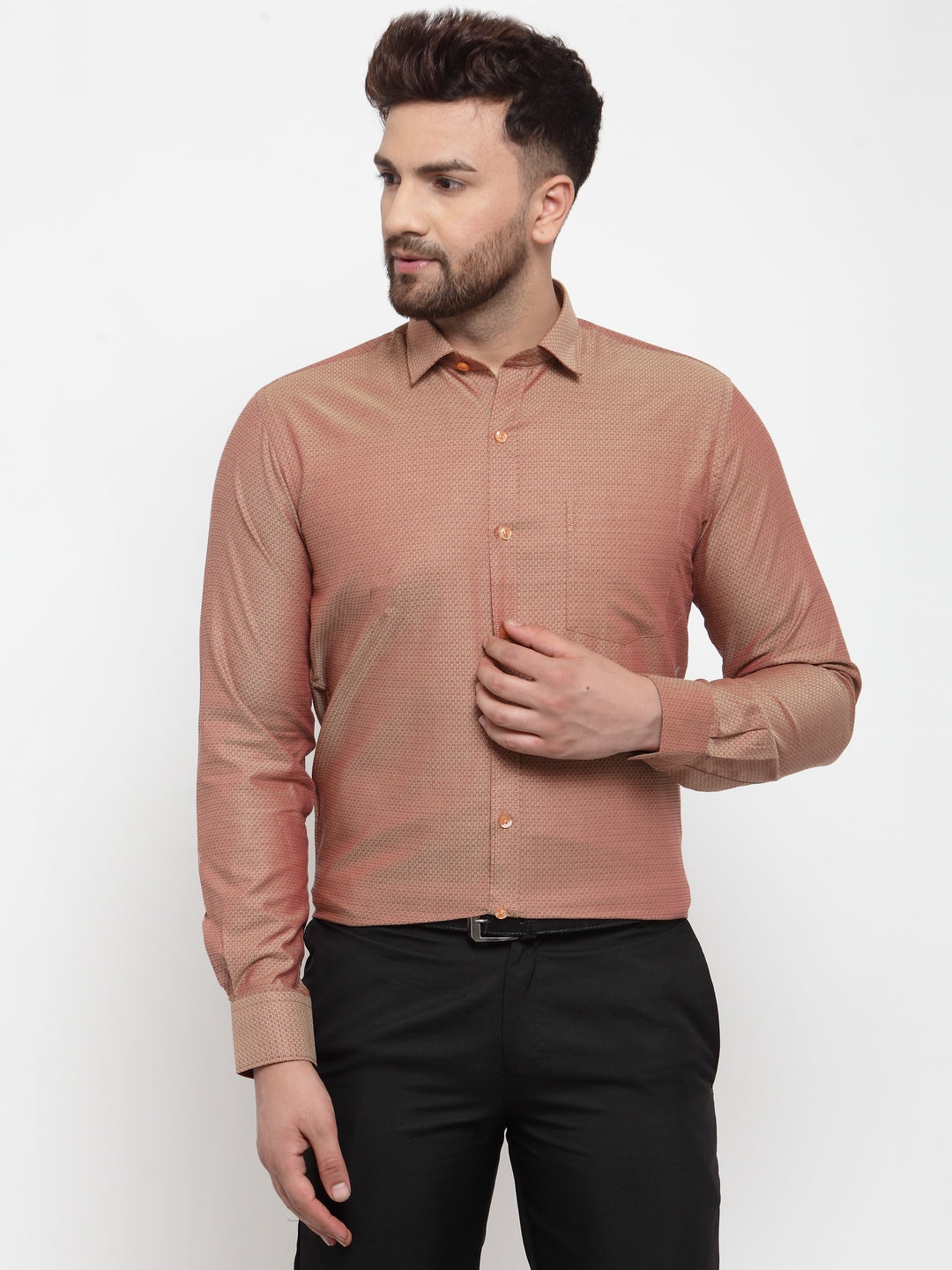 Copperline Men Brown Comfort Slim Fit Self Design Formal Shirt Copperline