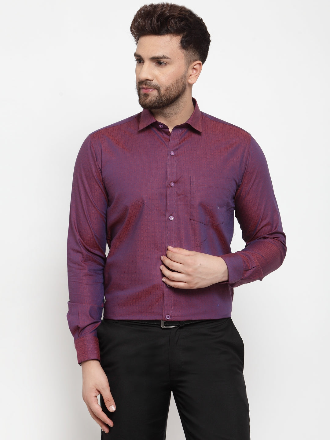 Copperline Men Purple Comfort Slim Fit Self Design Formal Shirt Copperline