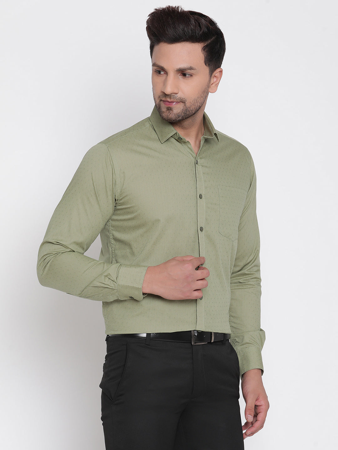 Men Olive Green Dobby Formal Shirt Copperline