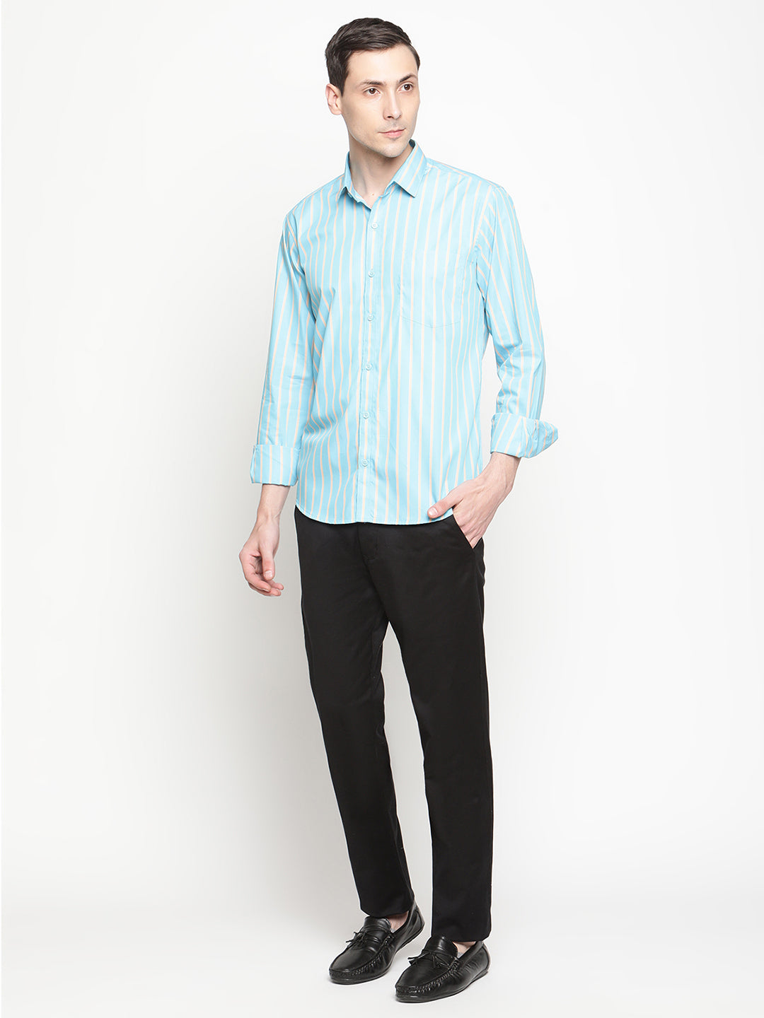 Copperline Men Blue Stripes Semi Formal Shirt Copperline