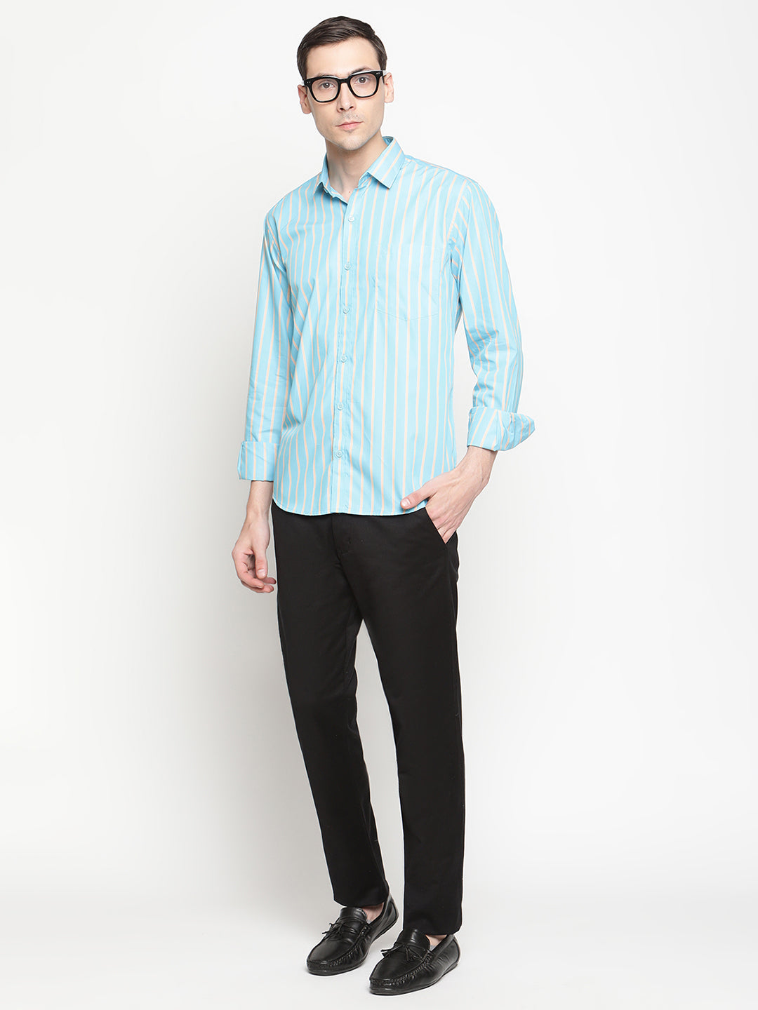 Copperline Men Blue Stripes Semi Formal Shirt Copperline