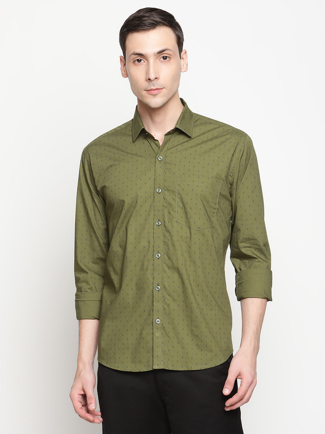 Copperline Men Olive Green Printed Formal Shirt