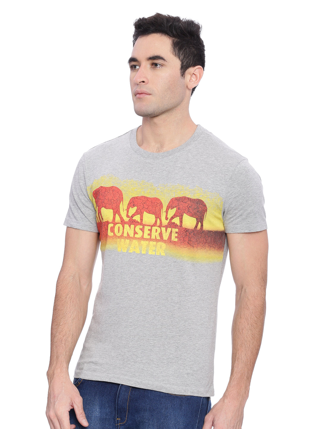 Wolfpack Men Grey Melange Printed Round Neck T-Shirt Wolfpack