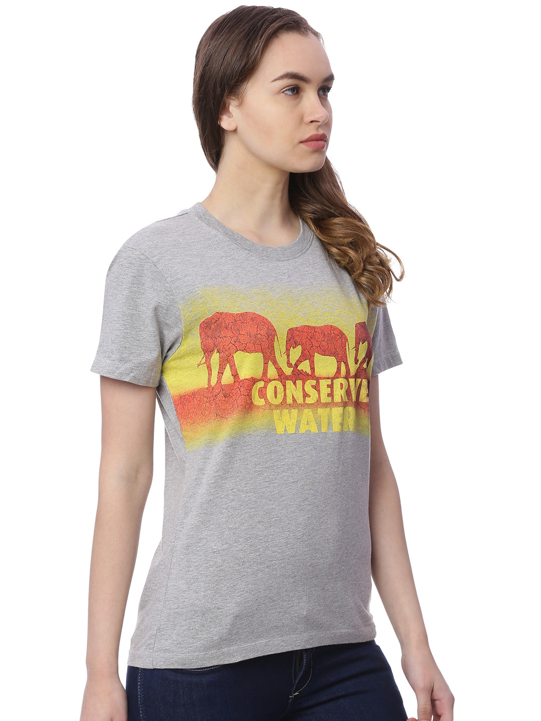 Wolfpack Women Grey Melange Printed T-Shirt Wolfpack