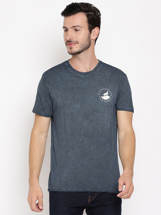 Crinkle Wash Blue Printed Men T-Shirt Wolfpack