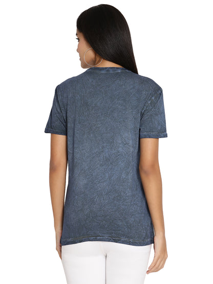 Wolfpack Crinkle Wash Blue Printed Women T-Shirt Wolfpack