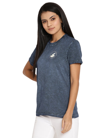 Wolfpack Crinkle Wash Blue Printed Women T-Shirt Wolfpack