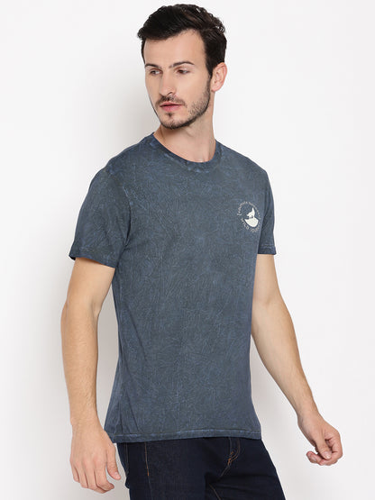 Crinkle Wash Blue Printed Men T-Shirt Wolfpack