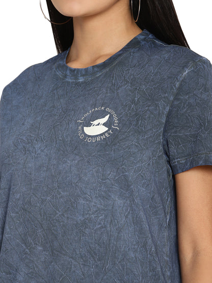Wolfpack Crinkle Wash Blue Printed Women T-Shirt Wolfpack