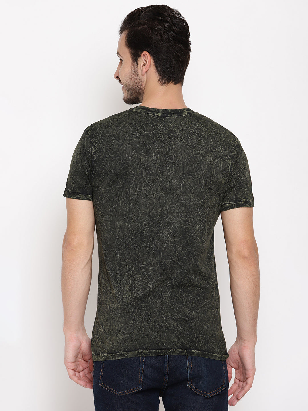 Crinkle Wash Leaf Green Printed Men T-Shirt Wolfpack